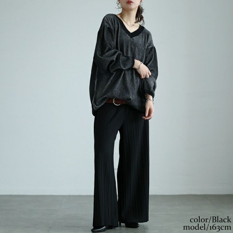 大きいサイズ レディース ツートンリブVネックプルオーバー　maru-20009