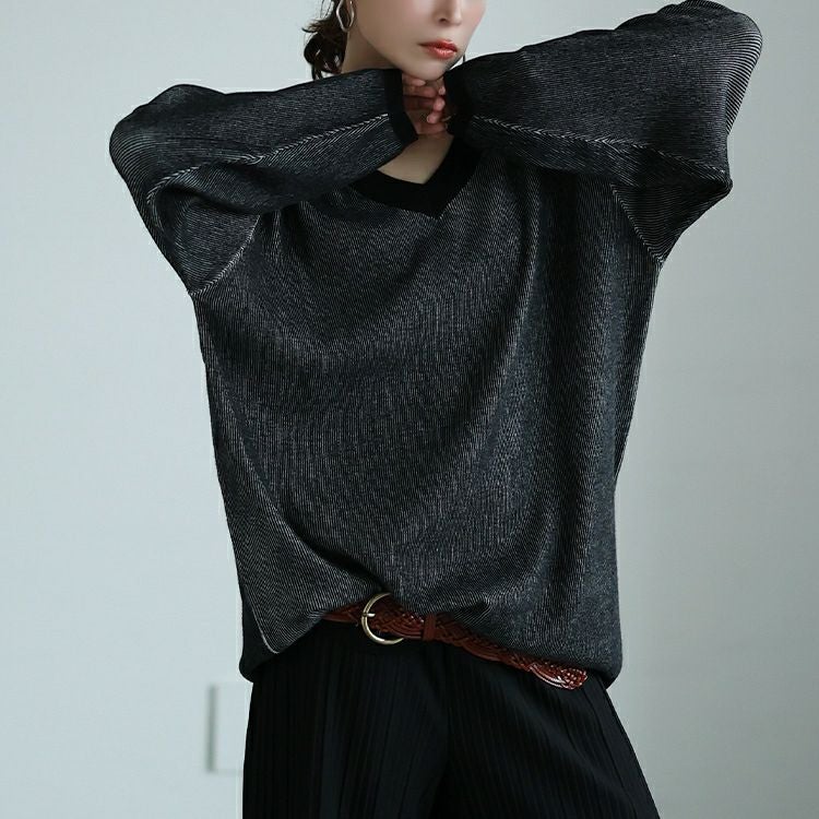 大きいサイズ レディース ツートンリブVネックプルオーバー　maru-20009