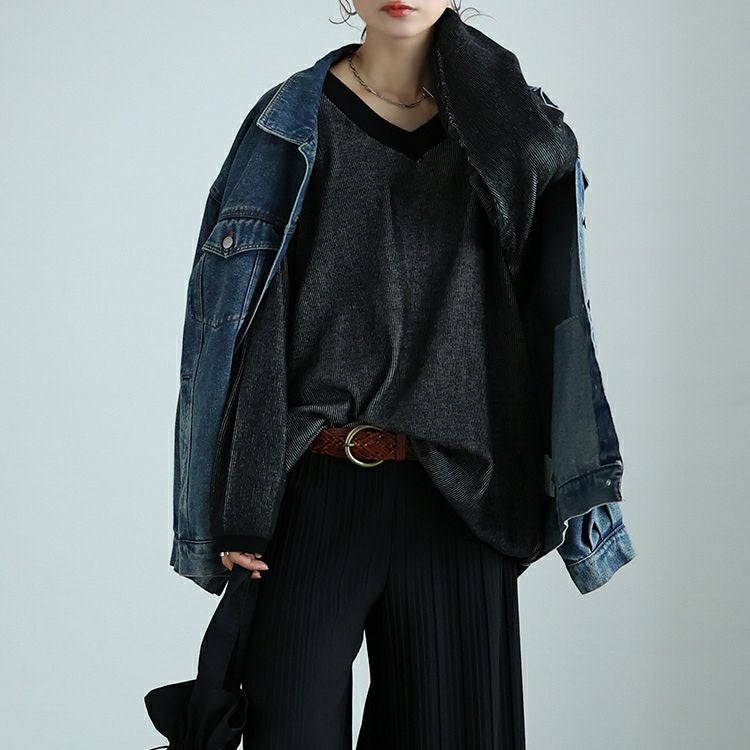 大きいサイズ レディース ツートンリブVネックプルオーバー　maru-20009