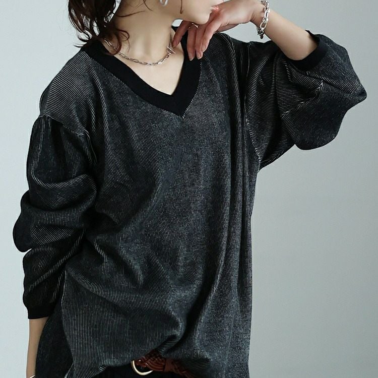 大きいサイズ レディース ツートンリブVネックプルオーバー　maru-20009