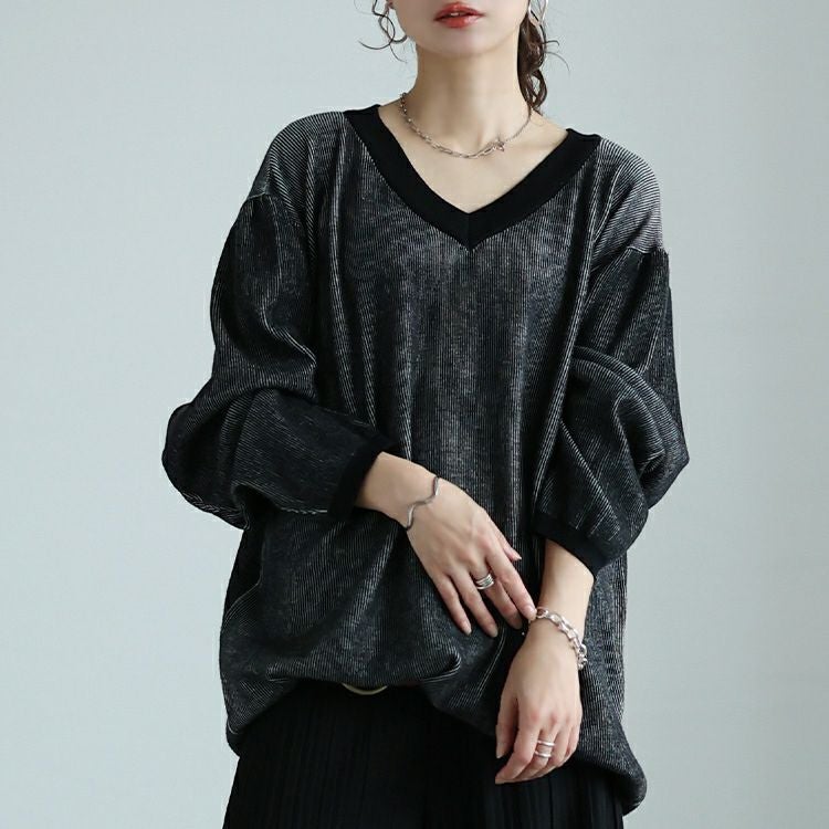 大きいサイズ レディース ツートンリブVネックプルオーバー　maru-20009