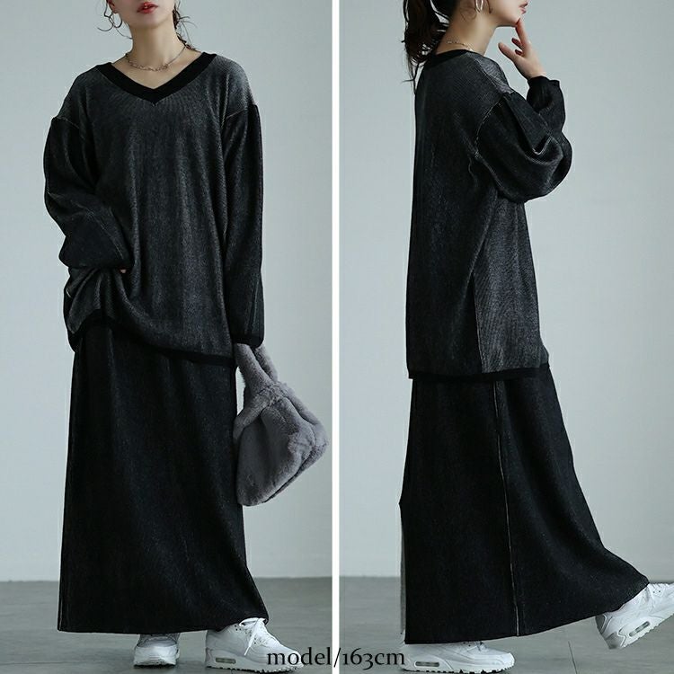 大きいサイズ レディース ツートンリブバックスリットナロースカート　maru-20008