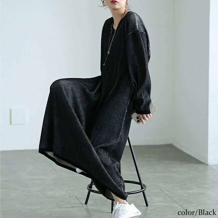 大きいサイズ レディース ツートンリブVネックワンピース　maru-20007