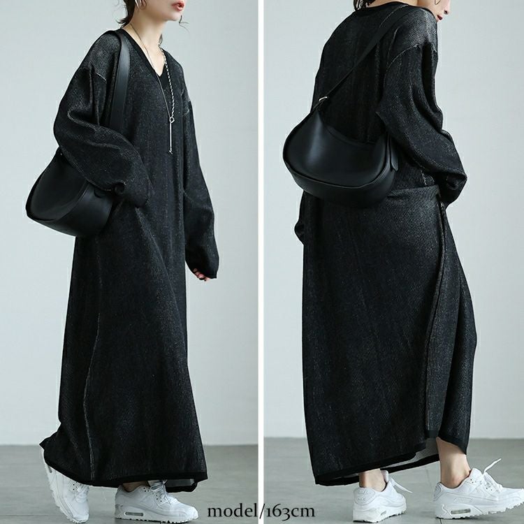 大きいサイズ レディース ツートンリブVネックワンピース　maru-20007