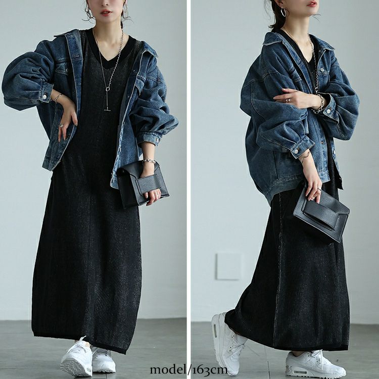 大きいサイズ レディース ツートンリブVネックワンピース　maru-20007