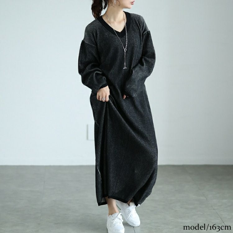 大きいサイズ レディース ツートンリブVネックワンピース　maru-20007