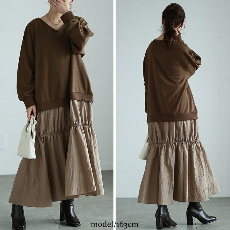 大きいサイズ レディース 異素材ドッキングギャザーワンピース　nw-24042