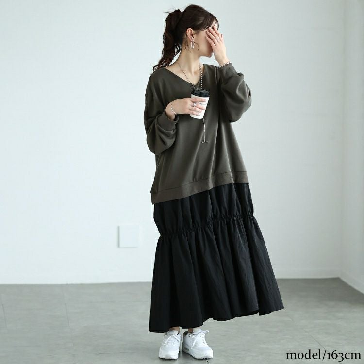 大きいサイズ レディース 異素材ドッキングギャザーワンピース　nw-24042