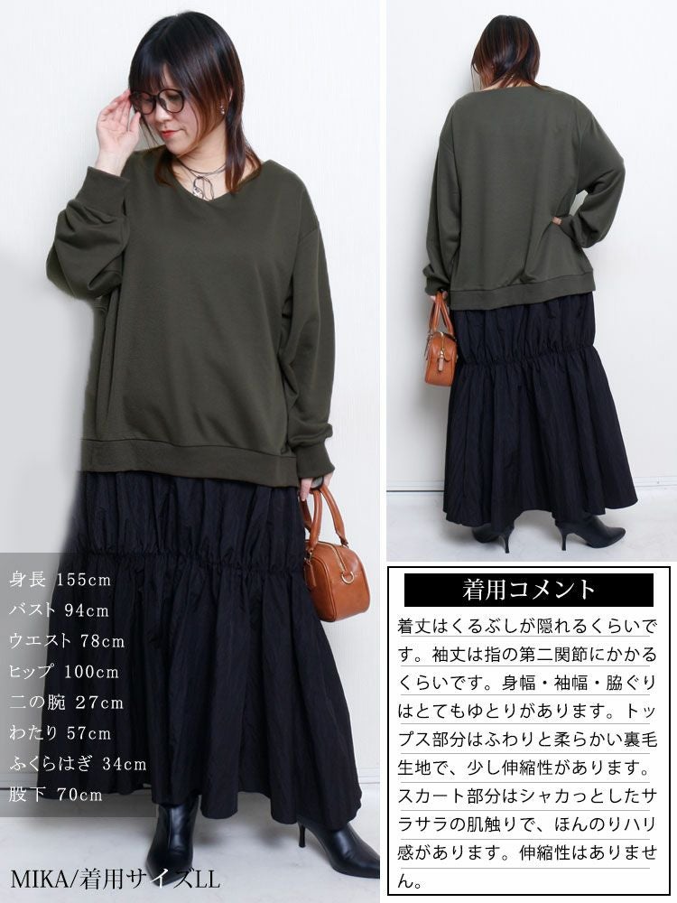 大きいサイズ レディース 異素材ドッキングギャザーワンピース　nw-24042