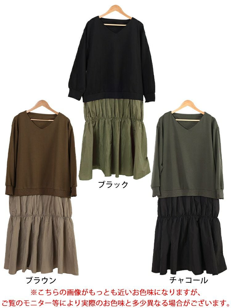 大きいサイズ レディース 異素材ドッキングギャザーワンピース　nw-24042