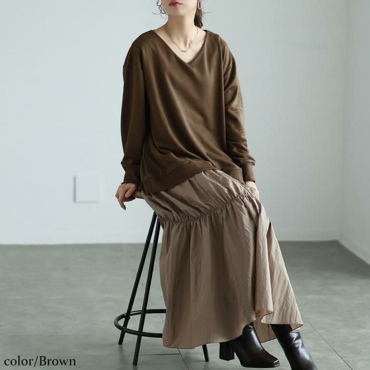 大きいサイズ レディース 異素材ドッキングギャザーワンピース　nw-24042 ブラウン