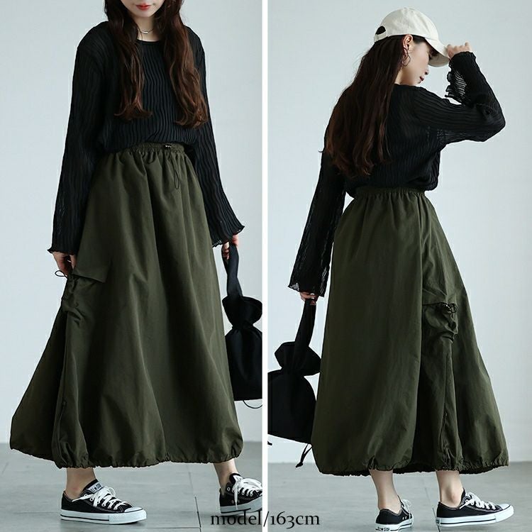 大きいサイズ レディース サイドポケットドロストナイロンスカート　nw-24036