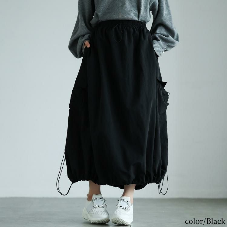 大きいサイズ レディース サイドポケットドロストナイロンスカート　nw-24036 ブラック