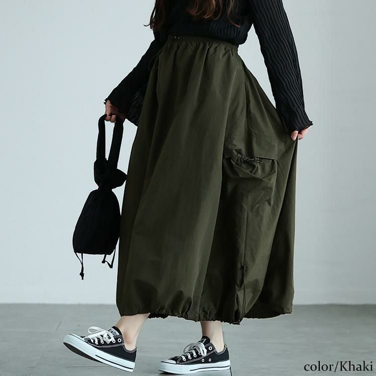 大きいサイズ レディース サイドポケットドロストナイロンスカート　nw-24036 カーキ