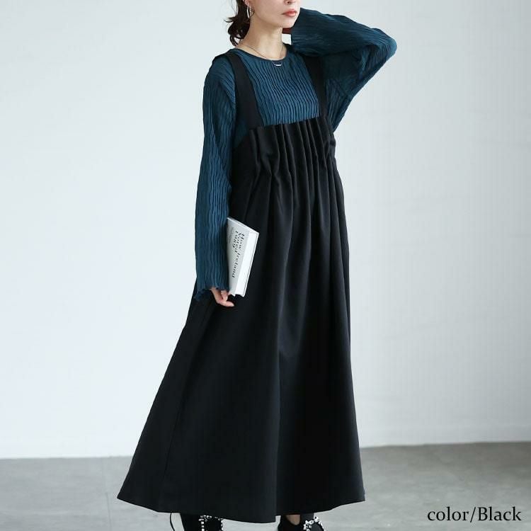 大きいサイズ レディース 胸タックフレアジャンパースカート　nw-24045 ブラック