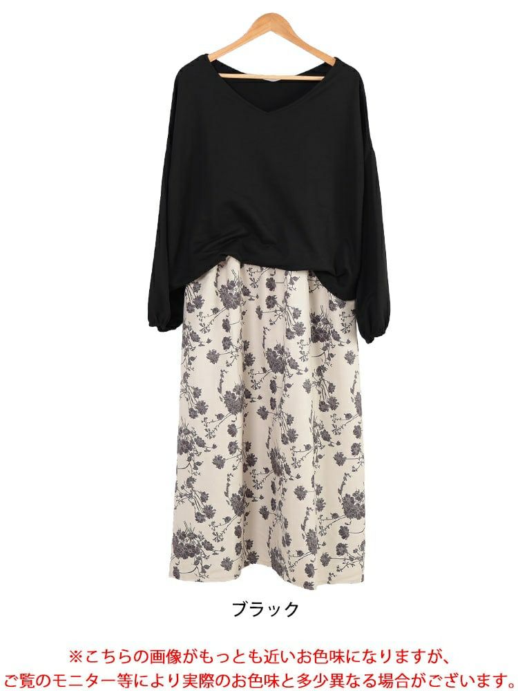 大きいサイズ レディース ブーケ柄Vネックドッキングワンピース　sw-0700
