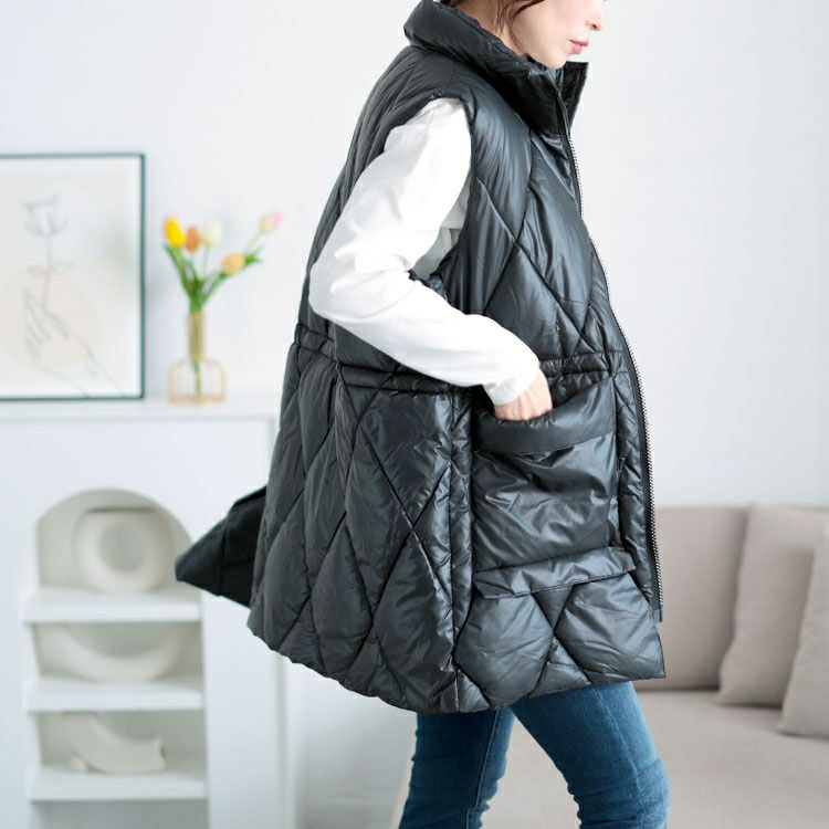 大きいサイズ レディース ダイヤキルトドロスト中綿ベスト　goldy-1619