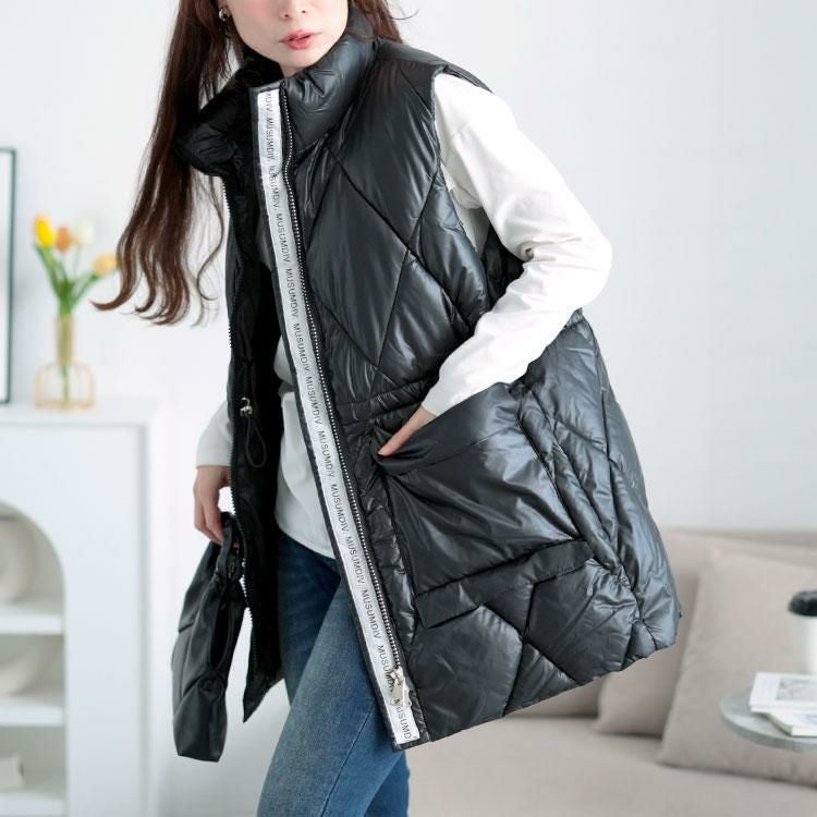 大きいサイズ レディース ダイヤキルトドロスト中綿ベスト　goldy-1619 ブラック