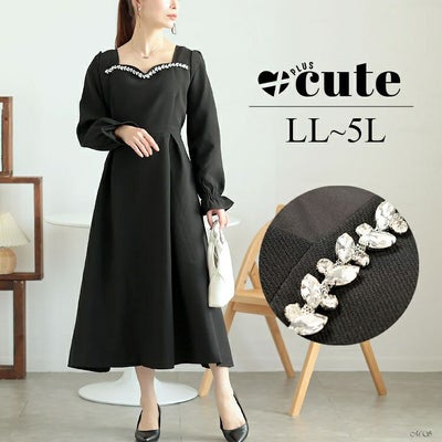 大きいサイズ レディース ビジュー付きハートネックロングワンピース　goldy-1618