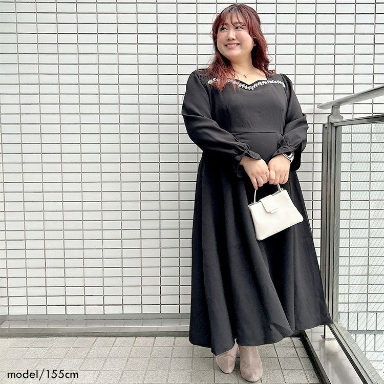 大きいサイズ レディース ビジュー付きハートネックロングワンピース　goldy-1618