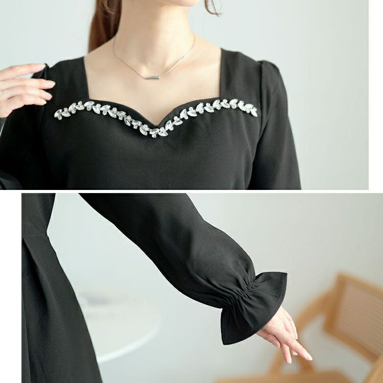 大きいサイズ レディース ビジュー付きハートネックロングワンピース　goldy-1618