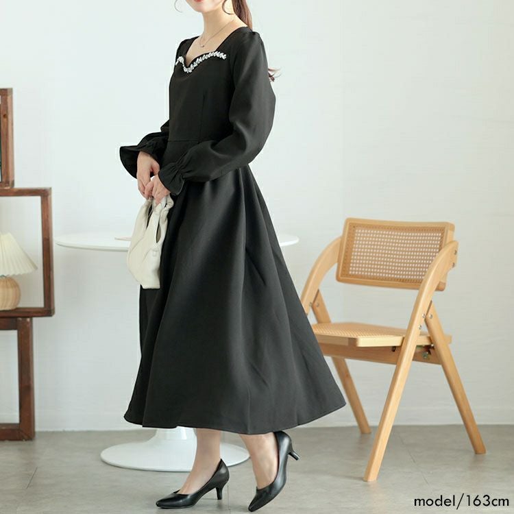 大きいサイズ レディース ビジュー付きハートネックロングワンピース　goldy-1618