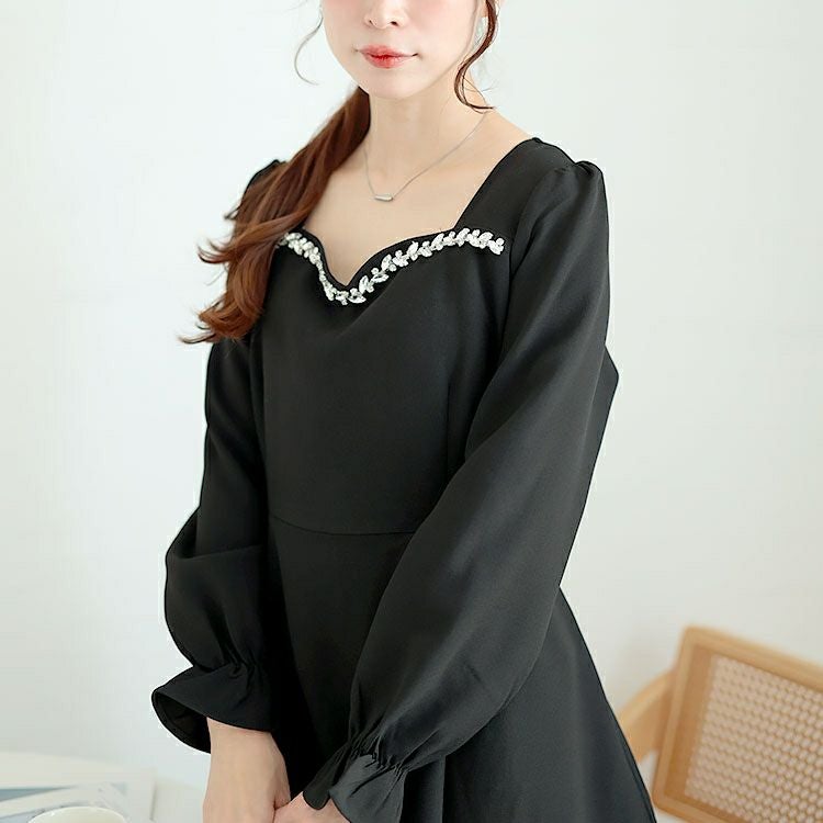 大きいサイズ レディース ビジュー付きハートネックロングワンピース　goldy-1618