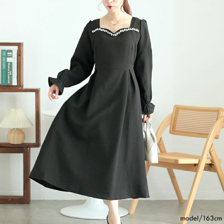 大きいサイズ レディース ビジュー付きハートネックロングワンピース　goldy-1618