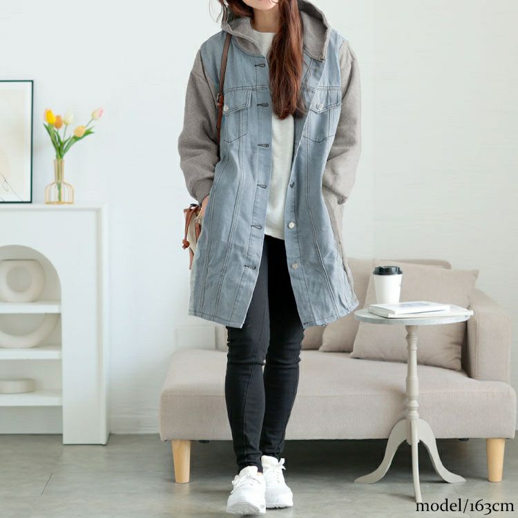 大きいサイズ レディース 裏起毛デニム切替えフーディーパーカー　goldy-1617