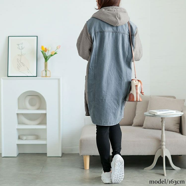大きいサイズ レディース 裏起毛デニム切替えフーディーパーカー　goldy-1617