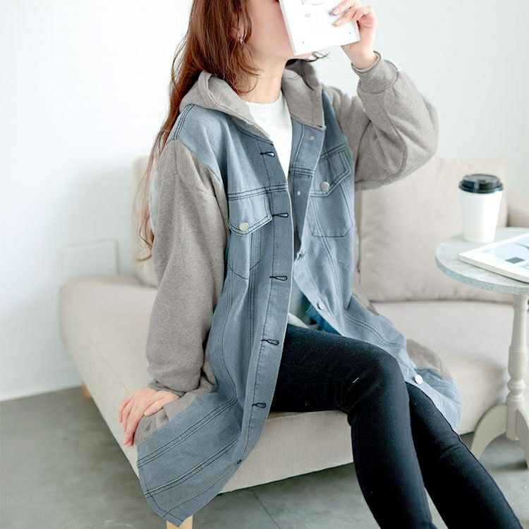 大きいサイズ レディース 裏起毛デニム切替えフーディーパーカー　goldy-1617