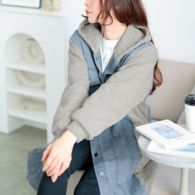 大きいサイズ レディース 裏起毛デニム切替えフーディーパーカー　goldy-1617