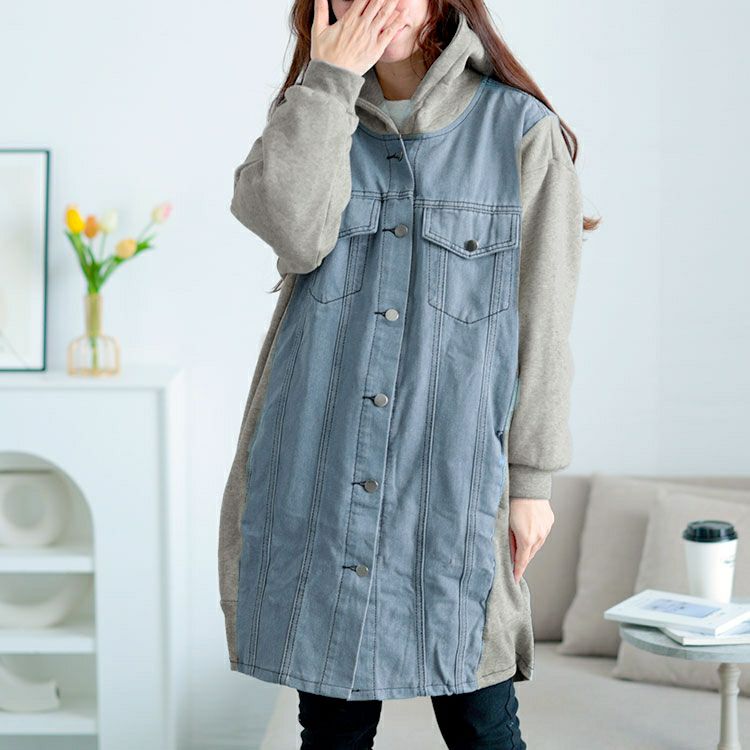 大きいサイズ レディース 裏起毛デニム切替えフーディーパーカー　goldy-1617