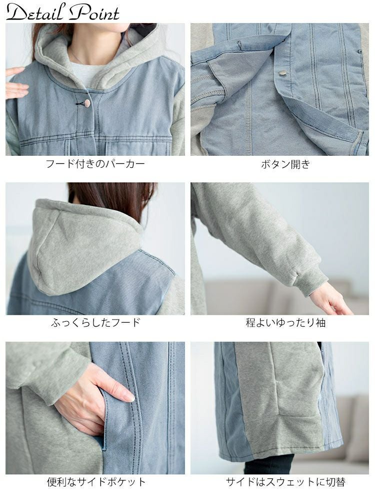 大きいサイズ レディース 裏起毛デニム切替えフーディーパーカー　goldy-1617