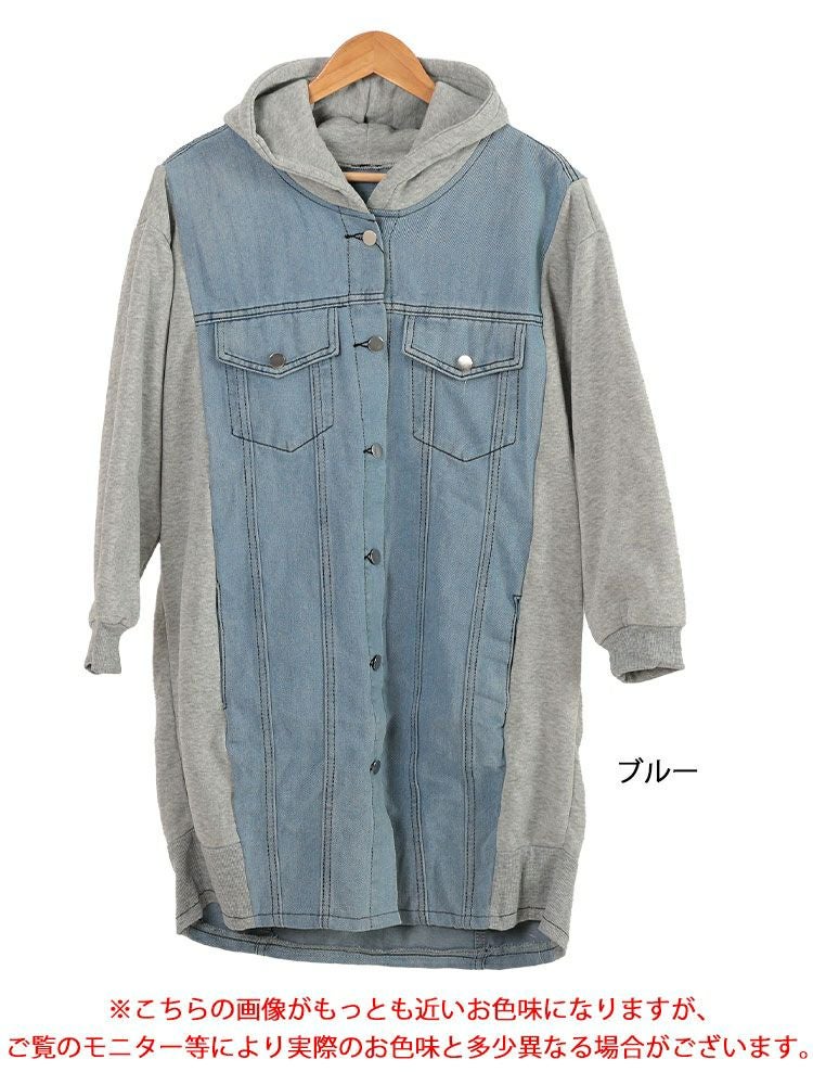 大きいサイズ レディース 裏起毛デニム切替えフーディーパーカー　goldy-1617