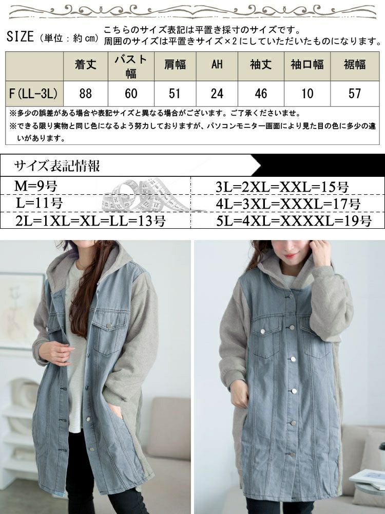 大きいサイズ レディース 裏起毛デニム切替えフーディーパーカー　goldy-1617