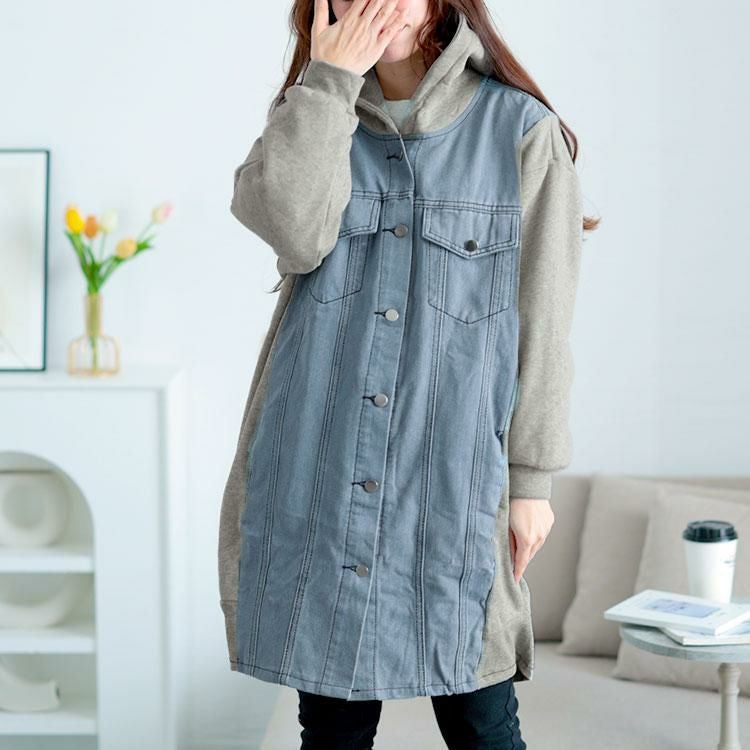 大きいサイズ レディース 裏起毛デニム切替えフーディーパーカー　goldy-1617 ブルー