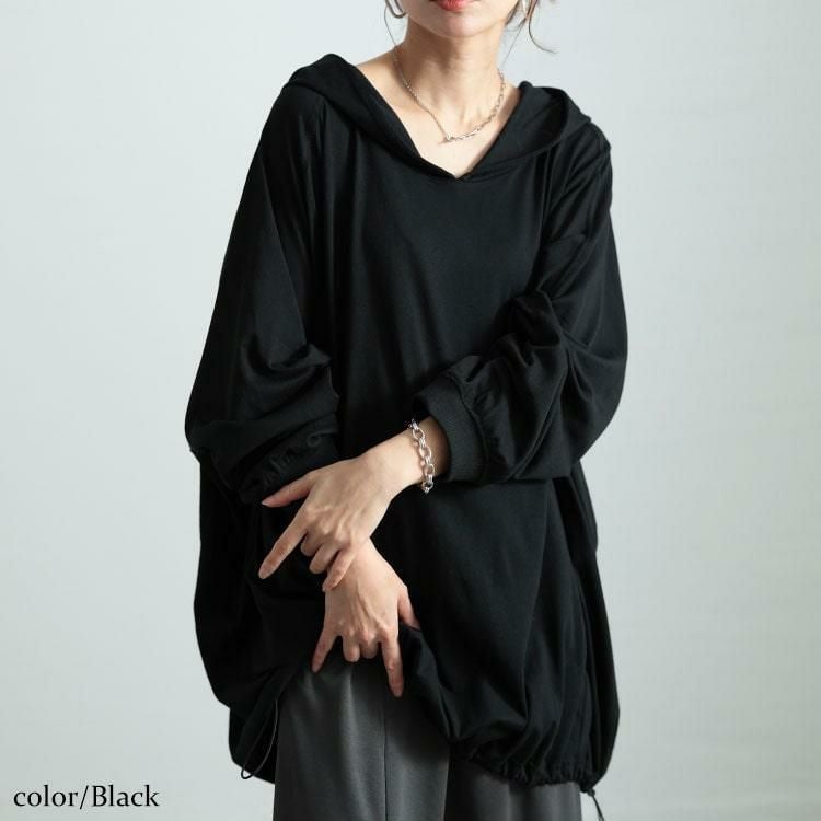大きいサイズ レディース 裾ドロストラグランパーカーチュニック　bai-0168 ブラック