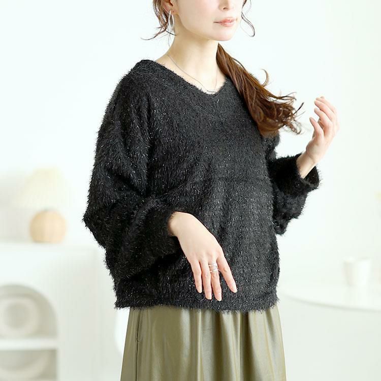 大きいサイズ レディース 前後2wayラメシャギーニットカーディガン　fem-552 ブラック