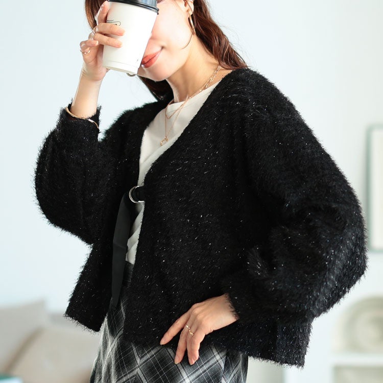 大きいサイズ レディース 前後2wayラメシャギーニットカーディガン　fem-552 ブラック