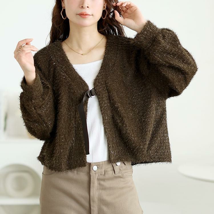 大きいサイズ レディース 前後2wayラメシャギーニットカーディガン　fem-552 ブラウン