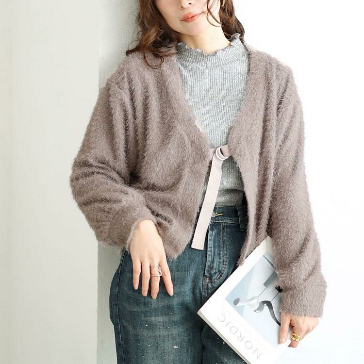 大きいサイズ レディース 前後2wayラメシャギーニットカーディガン　fem-552 グレージュ