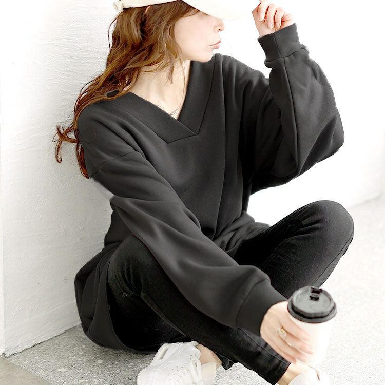 大きいサイズ レディース 裏起毛Vネックチュニック　fem-550