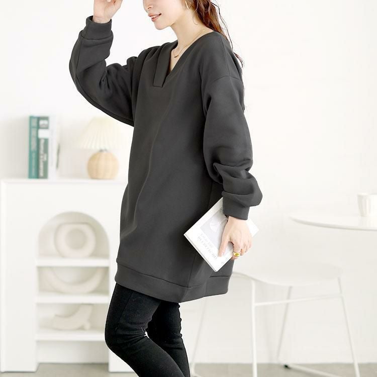 大きいサイズ レディース 裏起毛Vネックチュニック　fem-550 グレー