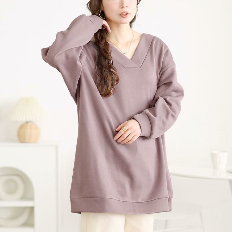 大きいサイズ レディース 裏起毛Vネックチュニック　fem-550 グレイッシュピンク