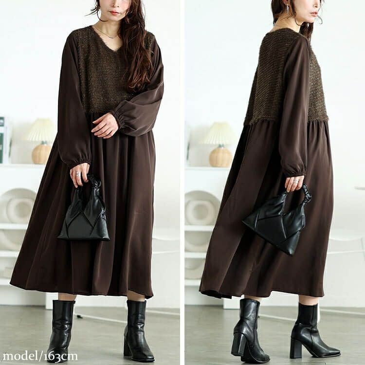 大きいサイズ レディース ラメニットベストドッキングフレアワンピース　fem-548