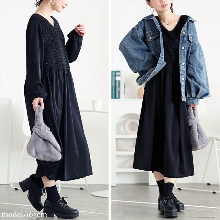 大きいサイズ レディース ラメニットベストドッキングフレアワンピース　fem-548