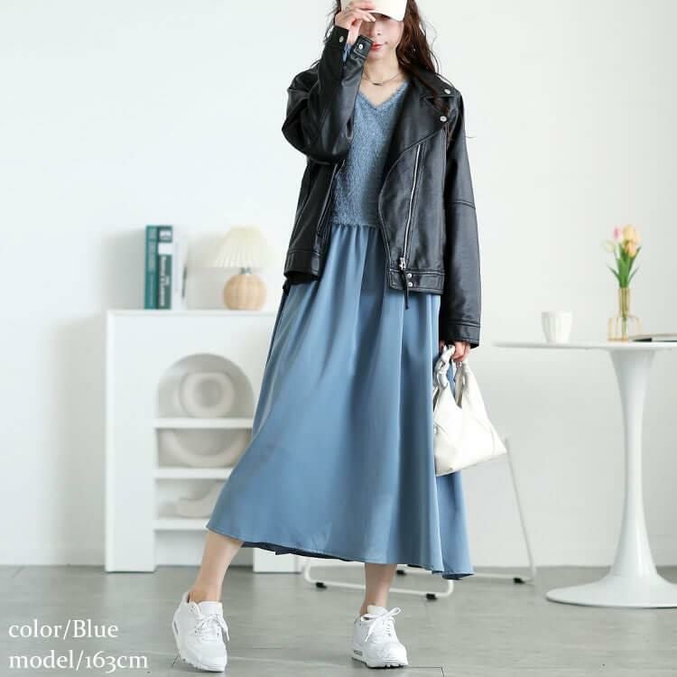 大きいサイズ レディース ラメニットベストドッキングフレアワンピース　fem-548 ブルー