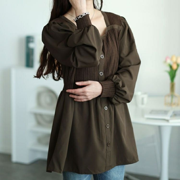 大きいサイズ レディース リブニット切り替えペプラムチュニック　jp519