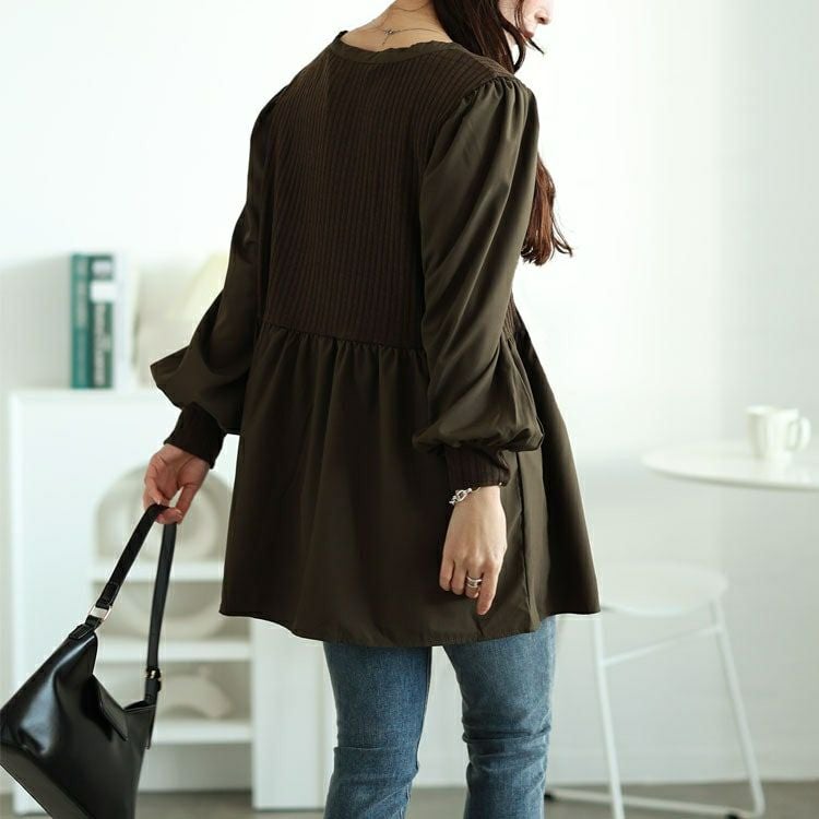大きいサイズ レディース リブニット切り替えペプラムチュニック　jp519